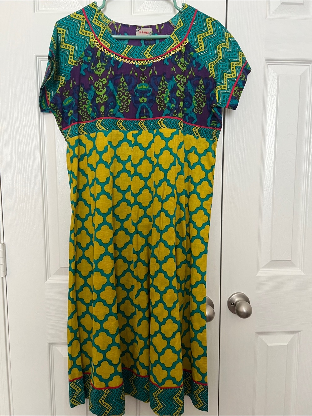 Green & Yellow Patterned Short-Sleeve Women’s Dress Indian Kurti